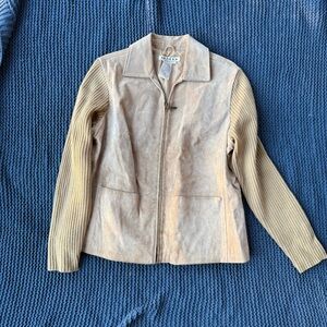 AMI Women’s Large Vintage Tan Nubuck Leather Jacket Ribbed Sleeves Pockets Lined
